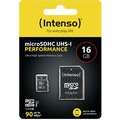 Intenso microSDHC Card 16GB, Performance, Class 10, U1 (R) 90MB/s, (W) 10MB/s, SD-Adapter, Retail-Blister [3424470]