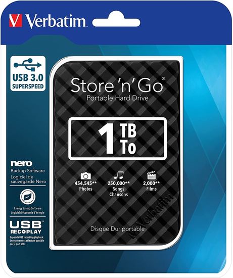 Verbatim 53194 Festplatte 1TB, USB 3.0, 6.35cm (2.5''), schwarz StorenGo, Gen 2, PVR, Software NERO BackItUp, Retail-Blister