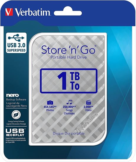 Verbatim 53197 Festplatte 1TB, USB 3.0, 6.35cm (2.5''), silber StorenGo, Gen 2, PVR, Software NERO BackItUp, Retail-Blister