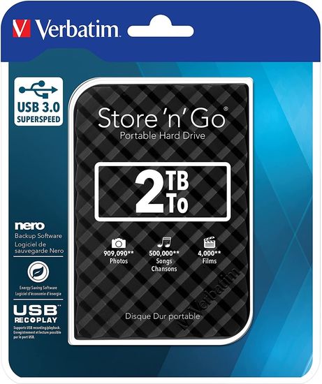 Verbatim 53195 Festplatte 2TB, USB 3.0, 6.35cm (2.5''), schwarz StorenGo, Gen 2, PVR, Software NERO BackItUp, Retail-Blister